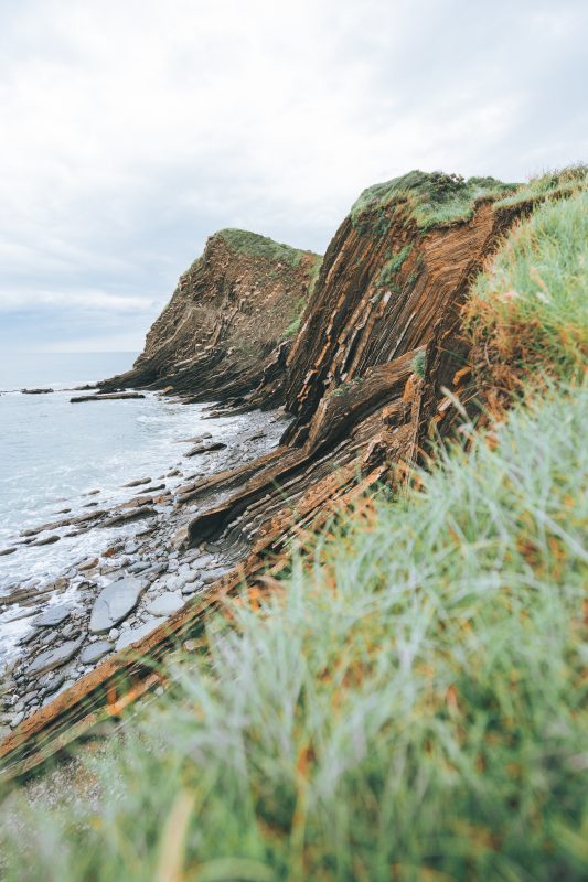 A vertical shot of cliffs filled with green grass next to the blue sea during daylight